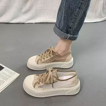 Одинарная сетчатая дышащая сетчатая обувь Полые тонкие спортивные скейтбордные туфли 35 хаки