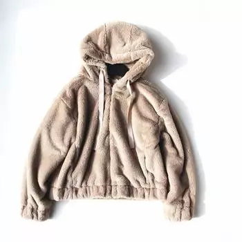 Одинарная зимняя женская плюшевая короткая куртка с капюшоном, имитация кроличьей шерсти, теплая повседневная женская однотонная меховая куртка S чёрный