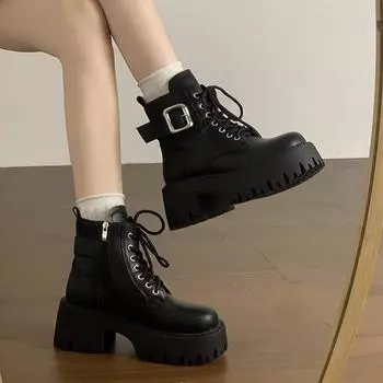 Одинарные ботинки на толстом каблуке с толстой подошвой, весна и осень, черные жареные уличные, осень и зима, новые женские ботинки Martin на высоком каблуке, британские, 2024, маленькие мужские 35 чёрный