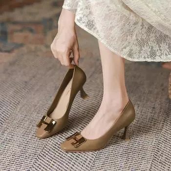 Одинарные туфли с H-пряжкой, женские туфли на высоком каблуке с неглубоким носком, на шпильке, женская профессиональная женская обувь для работы на работу, обувь в корейском стиле, женская обувь 34
