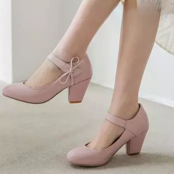 Одинарные туфли, женские туфли на толстом каблуке, высокие каблуки, внешняя торговля, женская обувь большого размера, туфли с пряжкой One Word, цельная доставка 40 розовый