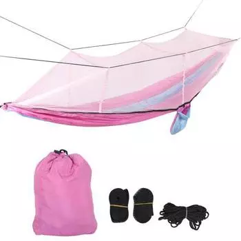 Одинарный двухместный кемпинговый гамак с москитной сеткой, легкий портативный гамак с ремешками для крепления на дереве, светло-голубой и розовый, розовая сетка Light Blue and Pink, Pink Mesh
