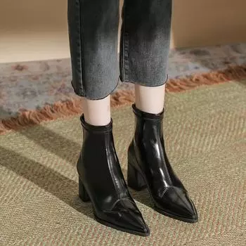Одиночные флисовые ботинки Li, женские, осенне-зимние, средней длины, из лакированной кожи, с молнией сзади, женские туфли, с заостренным толстым каблуком, модные ботинки 35