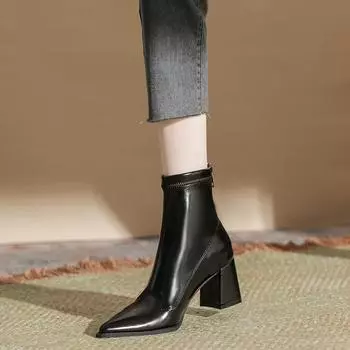 Одиночные флисовые ботинки Li, женские, осенне-зимние, средней длины, из лакированной кожи, с молнией сзади, женские туфли, с заостренным толстым каблуком, модные ботинки 35