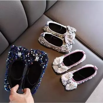 Одиночные туфли для девочек. Новая осенняя модная обувь принцессы с блестками. Корейская версия. Кожаная обувь для девочек. Универсальные туфли-бобы на мягкой подошве. 21 серый