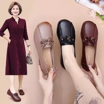 Одиночные туфли для среднего и пожилого возраста с неглубоким горлышком, женская обувь на низком каблуке с мягкой подошвой, нескользящая удобная кожаная обувь 35 чёрный