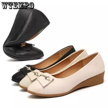 Одиночные туфли Кожаные туфли Женские туфли на плоской подошве Рабочая обувь на наклонном каблуке Корейская женская обувь Туфли-бобы Женская летняя обувь 35 розовый