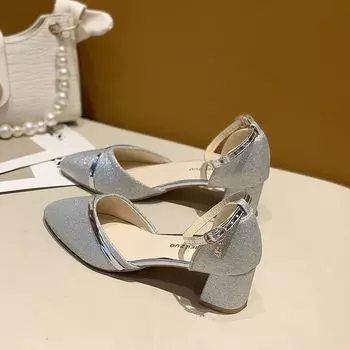 Одиночные туфли Лето Средний каблук 2024 Новые вечерние нежные туфли Перл Высокий каблук Толстый каблук Босоножки в стиле феи 34 чёрный