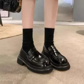 Одиночные туфли ретро на толстой подошве маленькие кожаные туфли 34 коричневый