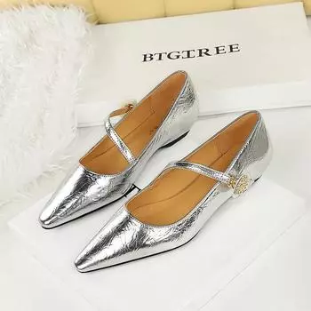 Одиночные туфли с одним ремешком, легкая роскошь, острый носок, покатый каблук, низкий каблук, металлические декоративные высокие каблуки 38 серебряный