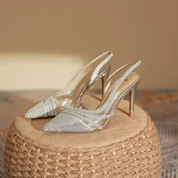 Одиночные туфли Весенние женские сандалии со стразами Женская мода Остроносые туфли на высоком каблуке Тонкий каблук Женская обувь Huizhou Натуральная кожа Женская обувь 35 серебряный серый
