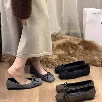 Одиночные туфли женские 2024 года, новые туфли на плоской подошве с неглубоким горлом, во французском стиле, с небольшим ароматом, с бантом, мягкие туфли на плоской подошве, квадратная обувь для бабушки 35