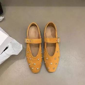 Одиночные туфли женские 2025 новые весенне-осенние туфли-лодочки со стразами универсальные туфли на плоской подошве с заклепками туфли Мэри Джейн 35 чёрный