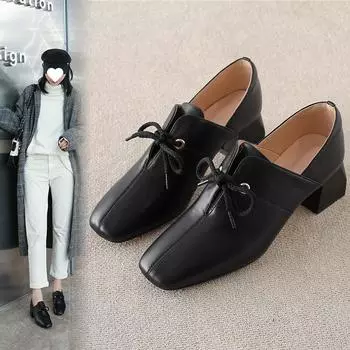 Одиночные туфли женские 2025 весна новые студенческие корейские туфли на среднем каблуке универсальные маленькие кожаные туфли британские толстые каблуки со шнуровкой высокие каблуки 35