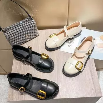Одиночные туфли Женские кожаные туфли Женские плоские французские туфли с круглым носком Туфли Мэри Джейн в стиле ретро 34 абрикосовый