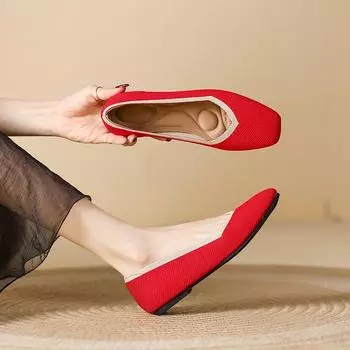 Одиночные туфли женские квадратные с плоской подошвой и мелким горлом, плетеные туфли большого размера с одной педалью Doudou, женские 34 красный