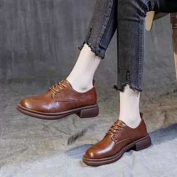 Одиночные туфли женские лоферы с глубоким носком и плоской подошвой коричневые однобокие британские ретро-туфли в стиле маффин маленькие кожаные туфли 35 чёрный