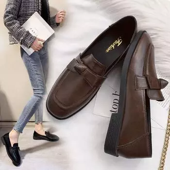 Одиночные туфли женские на плоской подошве с бантом в ретро-британском стиле, маленькие кожаные туфли, универсальные мягкие кожаные мокасины с одной педалью 35 коричневый