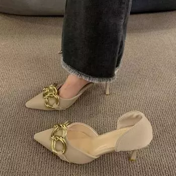 Одиночные туфли женские новые осенние французские туфли с острым носком телесного цвета на высоком каблуке с металлической пряжкой полые женские туфли 2024 года 34 чёрный
