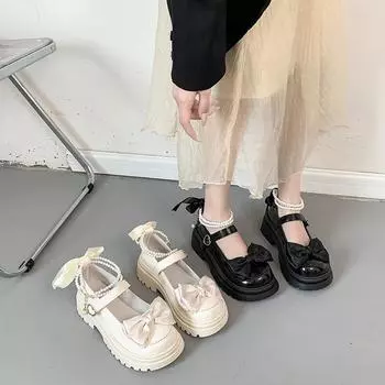 Одиночные туфли женские однотонные с бантом из ленты и бисером маленькие туфли из искусственной кожи с круглым носком на толстом каблуке 40 чёрный