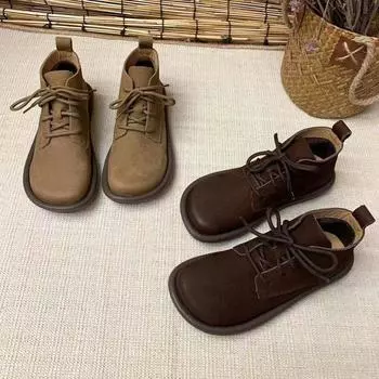 Одиночные туфли женские осень 2024 новые кожаные короткие ботинки женские одиночные ботинки с мягкой подошвой и мягким носом ретро ботинки Martin с толстой подошвой и круглым носком 35 кофейный