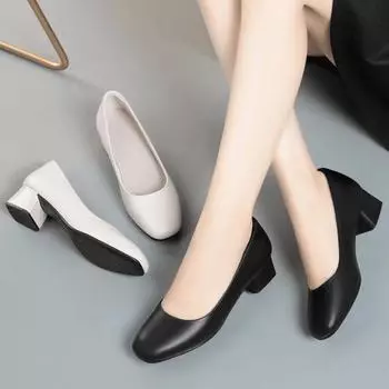 Одиночные туфли женские осенние новые универсальные однопедальные мягкие подошвы легкие толстые каблуки низкие рабочие туфли черные кожаные туфли 35 чёрный