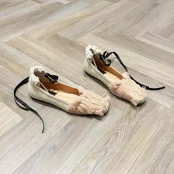 Одиночные туфли женские туфли на плоской подошве с квадратным носком Fairy Bow Туфли Mary Jane Milk Туфли женские балетки с ремешком на щиколотке 35 бежевый