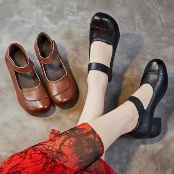 Одиночные туфли Женские туфли Ретро Толстый каблук Мягкая подошва Кожаные туфли Голова Коровья кожа Легкие 35 чёрный