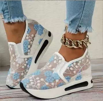 Одиночные туфли, женские весенне-летние повседневные туфли с кружевной сеткой и высокими каблуками, туфли на массивном каблуке 36 белый