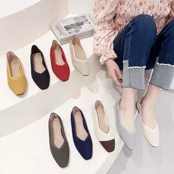 Одиночные туфли женские весна и лето квадратная голова неглубокий носок вязаные туфли плоские повседневные туфли 34 жёлтый