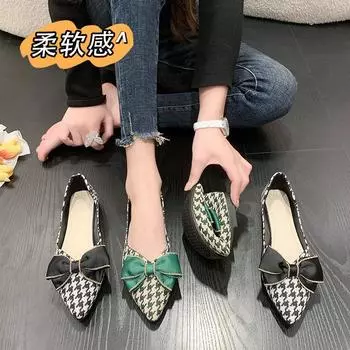 Одиночные туфли женские весна-лето 2025 года, новая корейская версия, заостренные туфли на плоской подошве, с рисунком в виде тысяч птиц, с сеткой, бантом, неглубоким горлом, с мягкой подошвой 35 чёрный