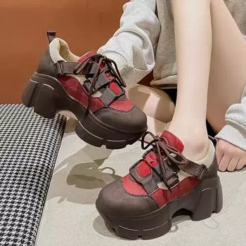 Одиночные туфли женские весна осень смешанные цвета толстая кожа повышенная толстая подошва шнуровка ретро оксфорды женская повседневная обувь 35