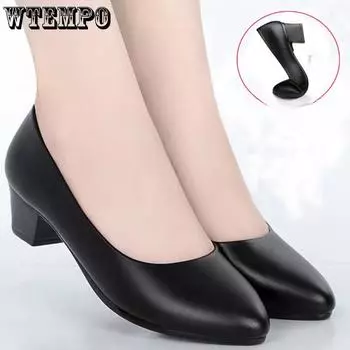 Одиночные женские туфли на среднем каблуке, весенние и летние рабочие туфли на толстом каблуке, женские черные нескользящие кожаные туфли 34 чёрный