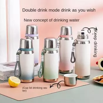 Одна чашка с двойной крышкой, вакуумная чашка из нержавеющей стали 316, студенческая чашка для воды, большая емкость, портативная веревка, удерживающая девочек, красивый градиент 600ml-800ml