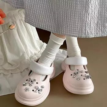 Одна нога наступает на дерьмо, ощущение толстой подошвы, дырявые туфли, женская новинка 2025 года, нескользящая мягкая подошва, увеличивающая высоту тапочки-мешки 34 чёрный