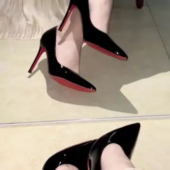Одна пара обуви, высокие каблуки на красной подошве, женские тонкие каблуки, новые весенние и осенние лакированные туфли из черной заостренной кожи, сексуальные одинарные туфли для женщин. 34