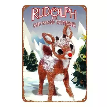Одна штука, винтажная металлическая табличка с изображением оленя Рудольфа с красным носом, праздничное украшение на стену для дома и гаража, 8x12 дюймов чёрный