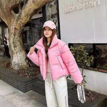 Одно платье и две зимние новые пуховые женские вещи на хлопковой подкладке, свободный воротник-стойка, короткие женские вещи на хлопковой подкладке, женские куртки на хлопковой подкладке. M розовый