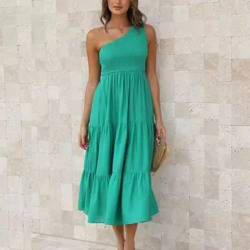 Одно плечо Многослойное плиссированное платье Женщины Элегантная мода Без рукавов Повседневное платье Эластичный диагональный воротник Платье Vestidos 25776 S небесно-голубой