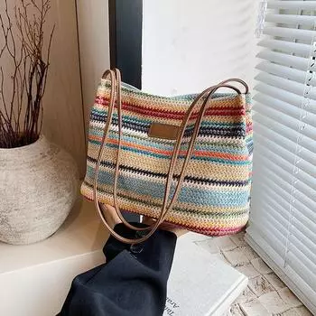 Одно плечо осенняя иностранная и красивая пляжная сумка 2024 новая нишевая плетеная сумка модная сумка подмышкой модная маленькая сумка чёрный