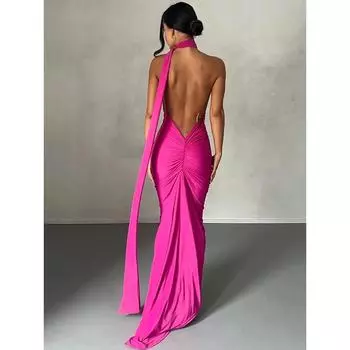 Одно плечо спинка регулируемый шарф петля рюшами сексуальное макси платье женщины элегантный Y2K уличная одежда фестиваль наряд S розы красного