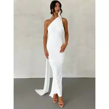 Одно плечо спинка регулируемый шарф петля рюшами сексуальное макси платье женщины элегантный Y2K уличная одежда фестиваль наряд S белый