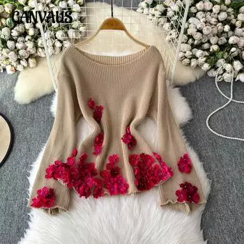 Одно плечо стереоскопический цветок длинный рукав вязаный свитер женский свободный стиль свитер свободный топ с открытыми плечами One Size хаки