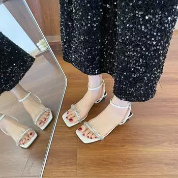 Одно слово босоножки на толстом каблуке лето 2025 новые французские босоножки на высоком каблуке со стразами женские потрясающие красивые старшие чувства стиль феи 35