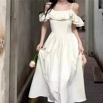 Одно слово плечо подтяжки платье женское дизайн чувство ниша лето 2024 новая французская нежная первая любовь талия юбка S