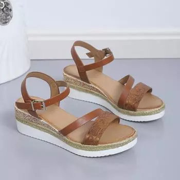 Одно слово: плетеные босоножки на танкетке с пеньковой веревкой, женские с толстой подошвой и открытым носком, классные тапочки 36 коричневый