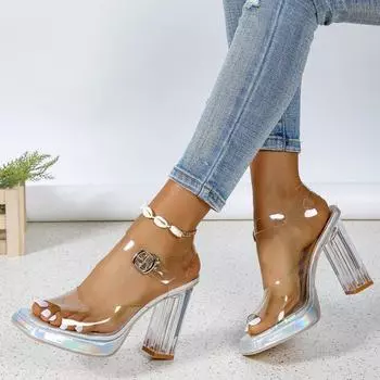 Одно слово с босоножками на высоком каблуке женские летние 2024 года новые толстые каблуки из ПВХ большого размера с пряжкой женские 35 серебряный