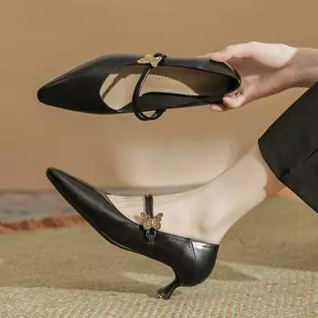 Одно слово с туфлями Мэри Джейн, женский острый носок, тонкий каблук, мелкий вырез, без каблука, женская обувь с характером, для узкой стопы, на высоком каблуке 34 чёрный