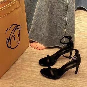 Одно слово сандалии женские 2024 новые летние черные кожаные шпильки темперамент красивые имперские сестры сексуальные высокие каблуки 32