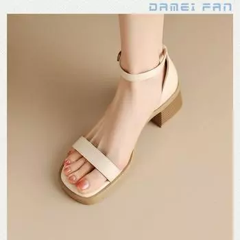 Одно слово сандалии женские 2025 новые летние женские туфли квадратный носок толстый каблук сумка каблук открытый носок римские туфли дети 34 чёрный